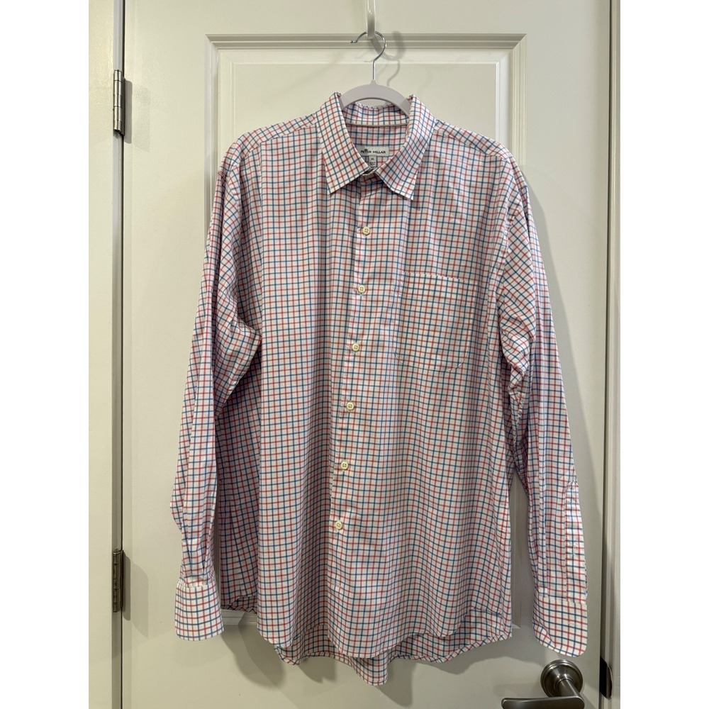 Peter Millar Mens XL Button Down‎ Shirt Blue Red Tattersall Check Long Sleeve